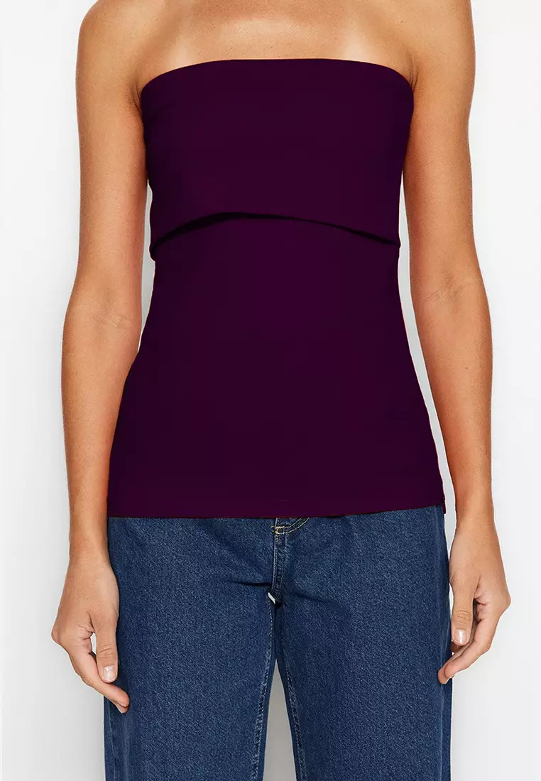 Plum Strapless Collar Side Zipper Crepe Knit Blouse