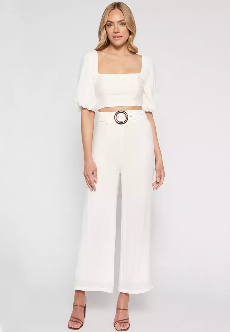 White pants and store crop top set