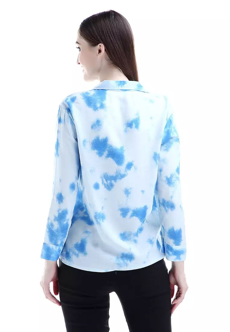 Oakley Long Shirt Tie Dye Design Simple Kemeja Atasan Wanita - Biru