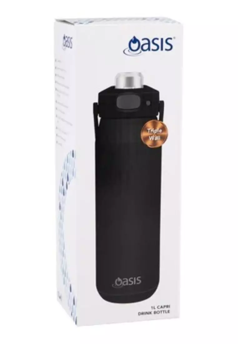 Oasis Ceramic Stainless Steel Triple Wall Capri Quick Release Drink Bottle 1L - Black