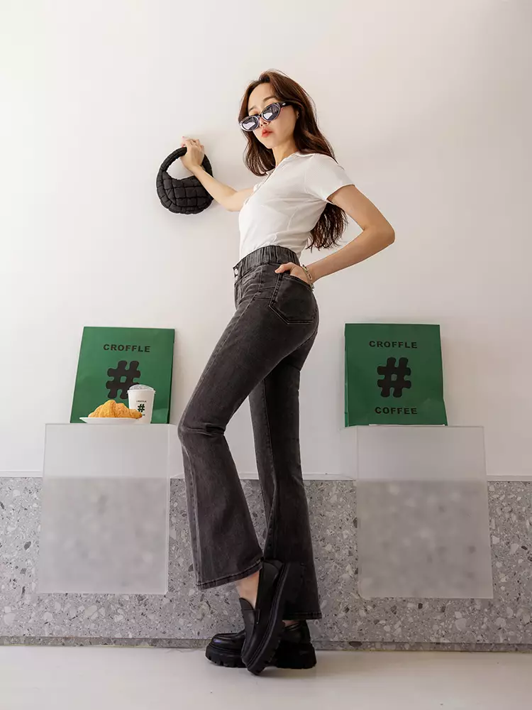 Buy OBSTYLE Elastic Waist Stretch Denim Flare Pants [BA7503] 2025