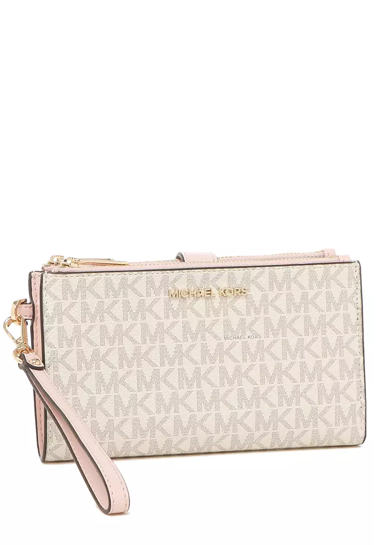 Jet Set Travel Large Double Zip Wristlet In Signature - Vanilla/Power Blush