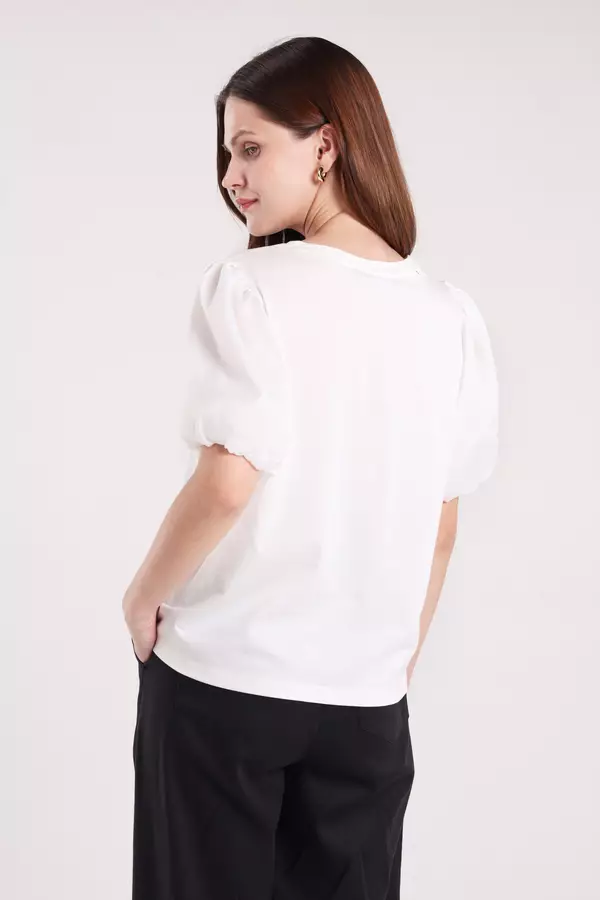 Minimal x Sarah Azka - Monza - Tshirt Print Lengan Organza - Off White Warna Offwhite