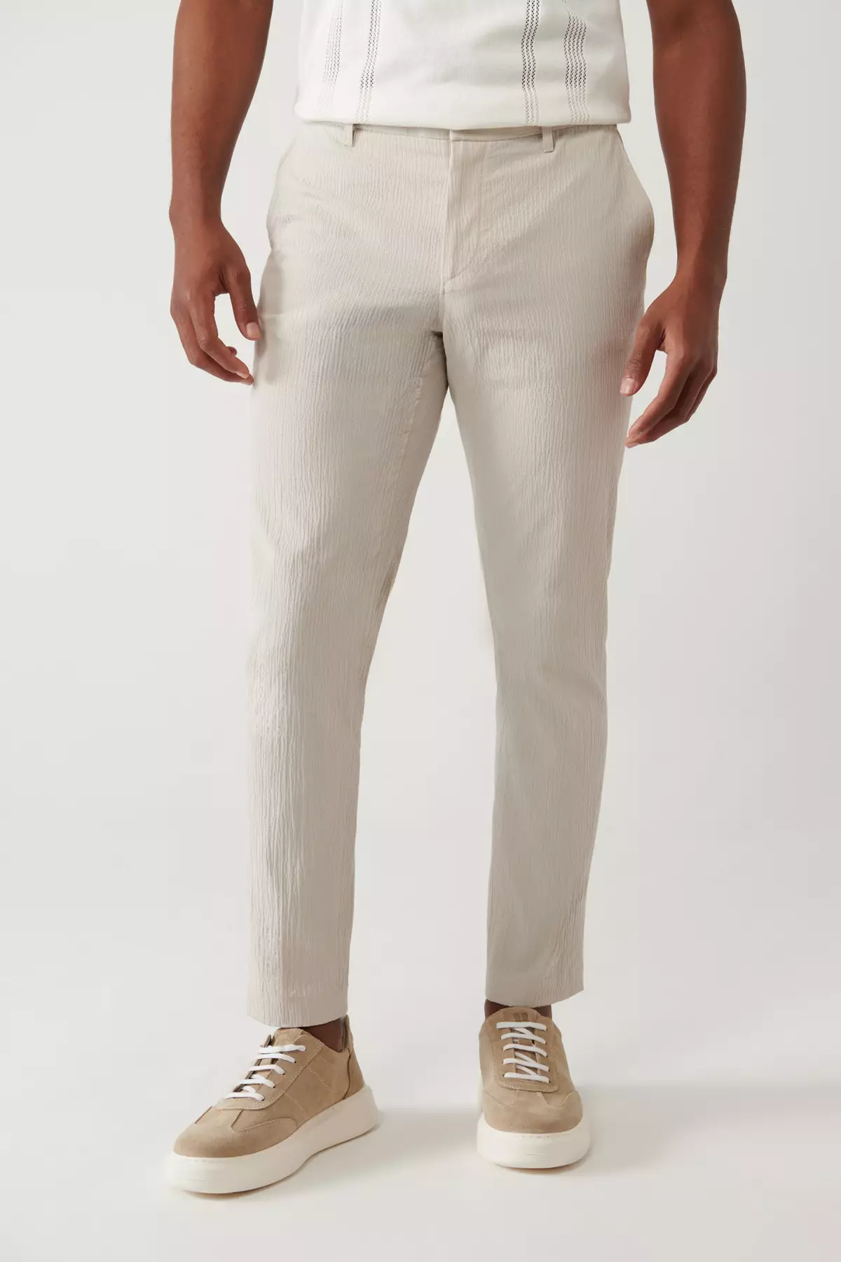 Men'S Beige Side Pocket Stretch Fabric Waffle Cotton Lightweight Relaxed Fit Trousers A41Y3202