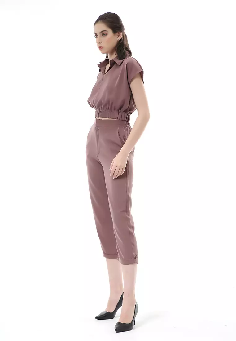 Nayra One Set Setelan Atasan Crop Karet Lengan Pendek Basic Pants Wanita Material Dolce ORIGINAL - Chocolate