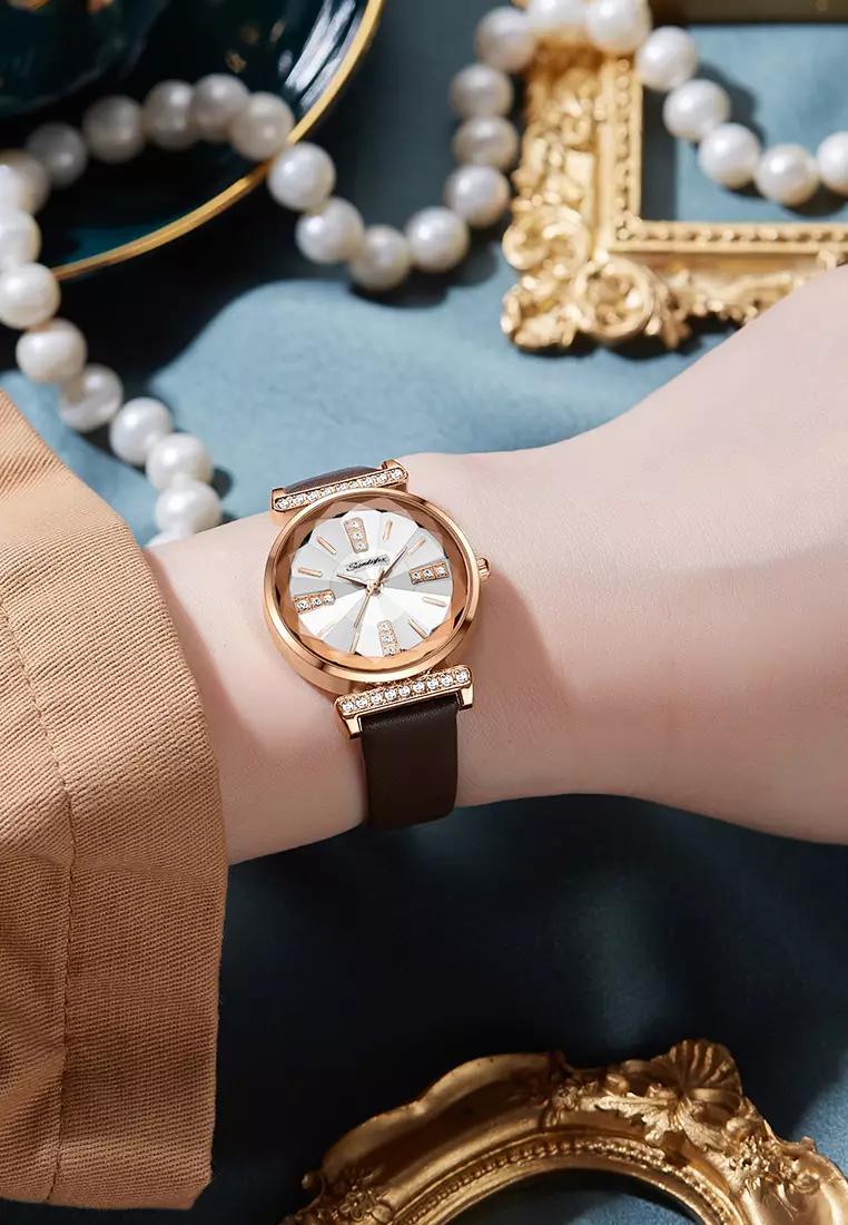 Jam Tangan Wanita Berlian Anggun Gaya Antik Tali Kulit Original Jam Tangan Cewek 8008 brown white