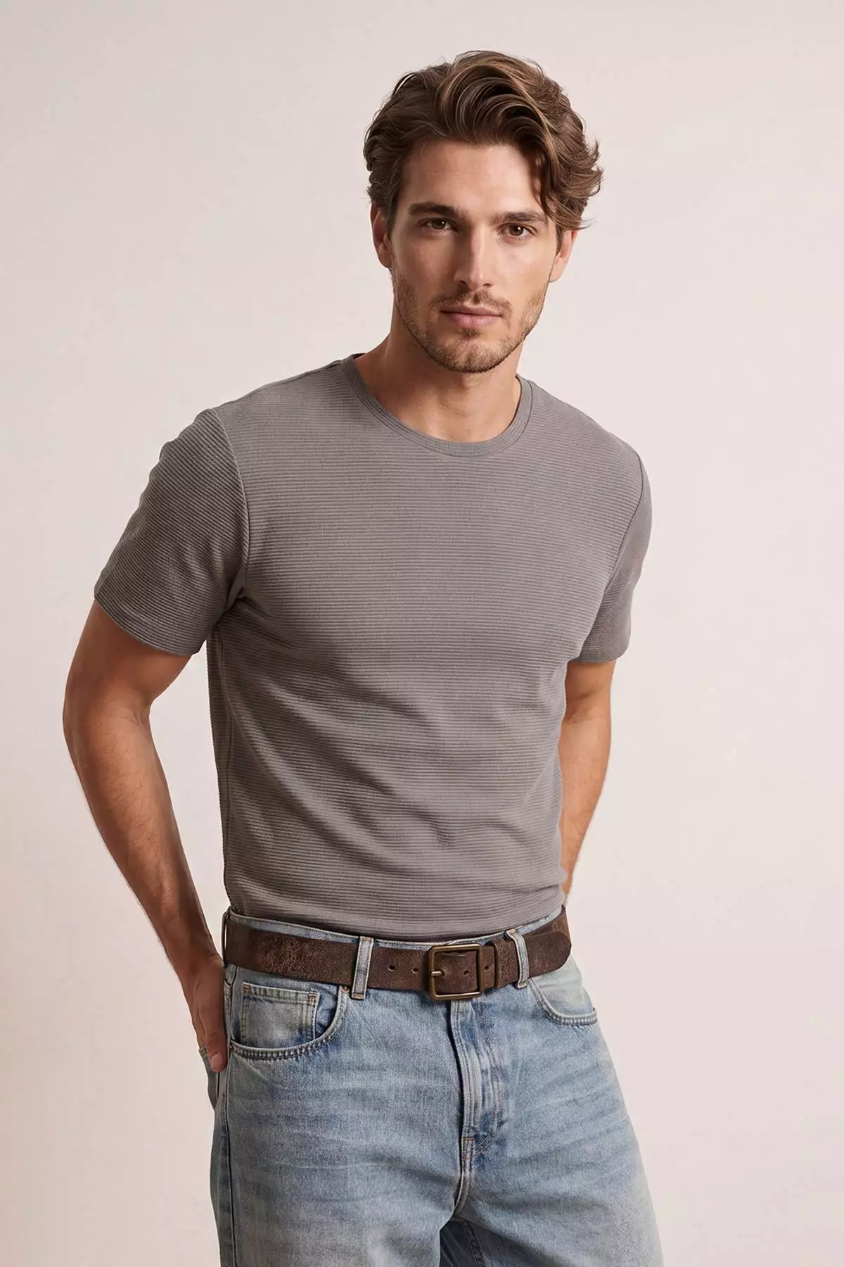 Mink Regular/Normal Cut Textured T-Shirt Tmnss26Ts00067
