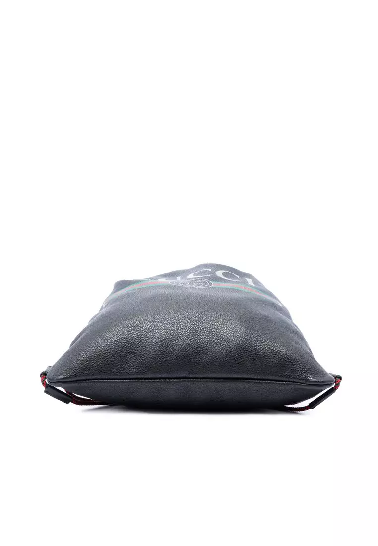 Pre-Loved Gucci Grained Calfskin Web Logo Drawstring Backpack
