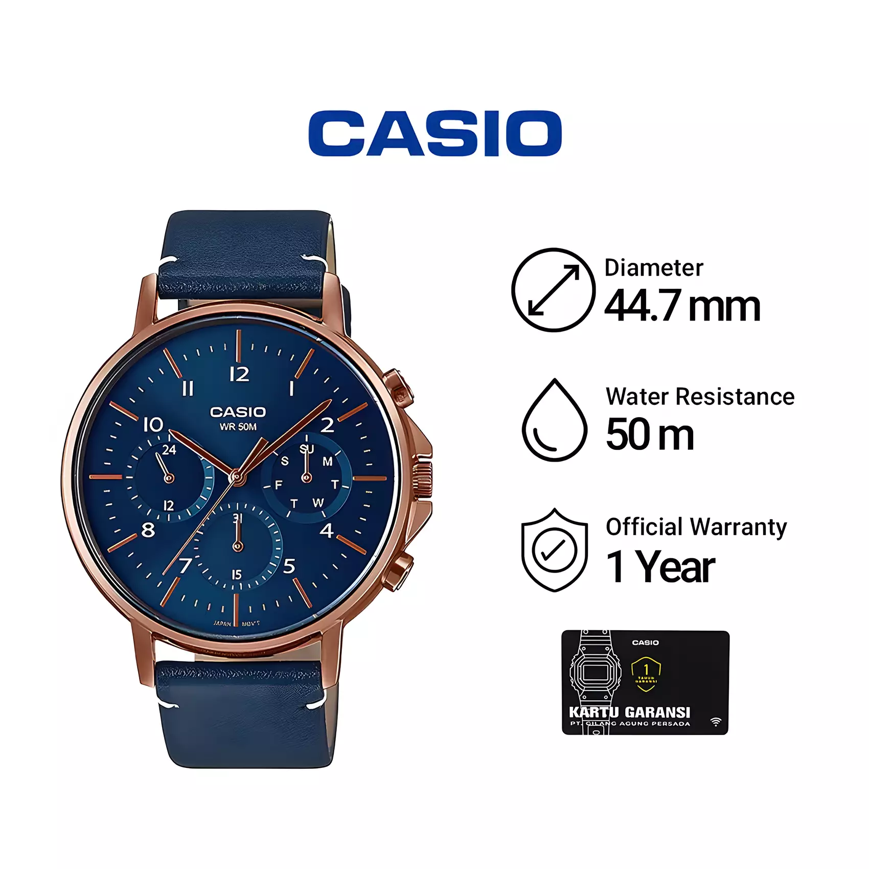Casio - Jam Tangan Chronograph Pria - Rose Gold Case - Dark Blue Leather Band -  MTP-E321RL-2AV