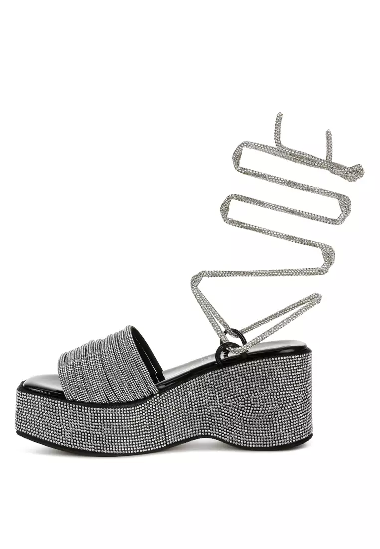 Black Rhinestone Embellished Lace-Up Sandals