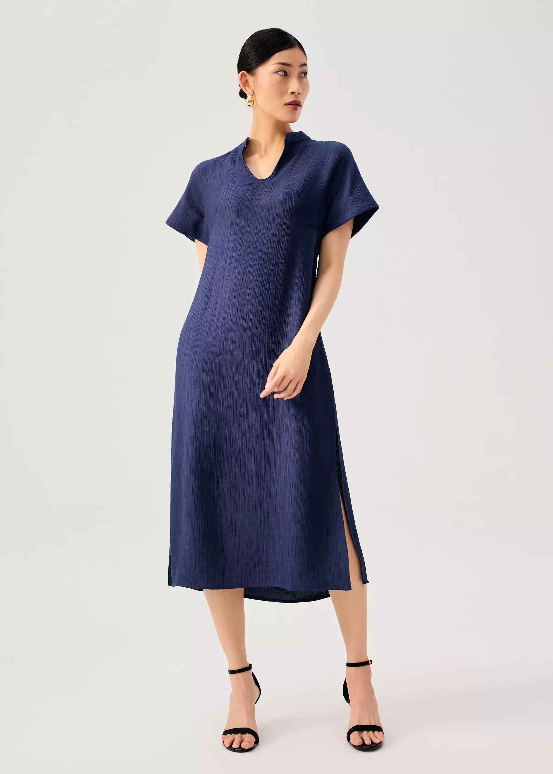 Dress Wanita - Detachable Sash Tie Crinkled Mandarin Collar Column Midi Dress