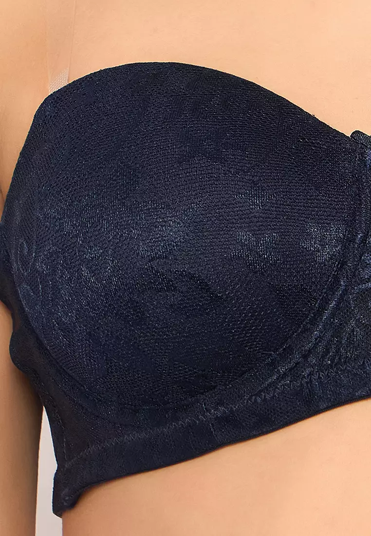 Clovia Invisi Padded Underwired Full Coverage Strapless Balconette Bra in Navy with Transparent Straps & Band - Lace