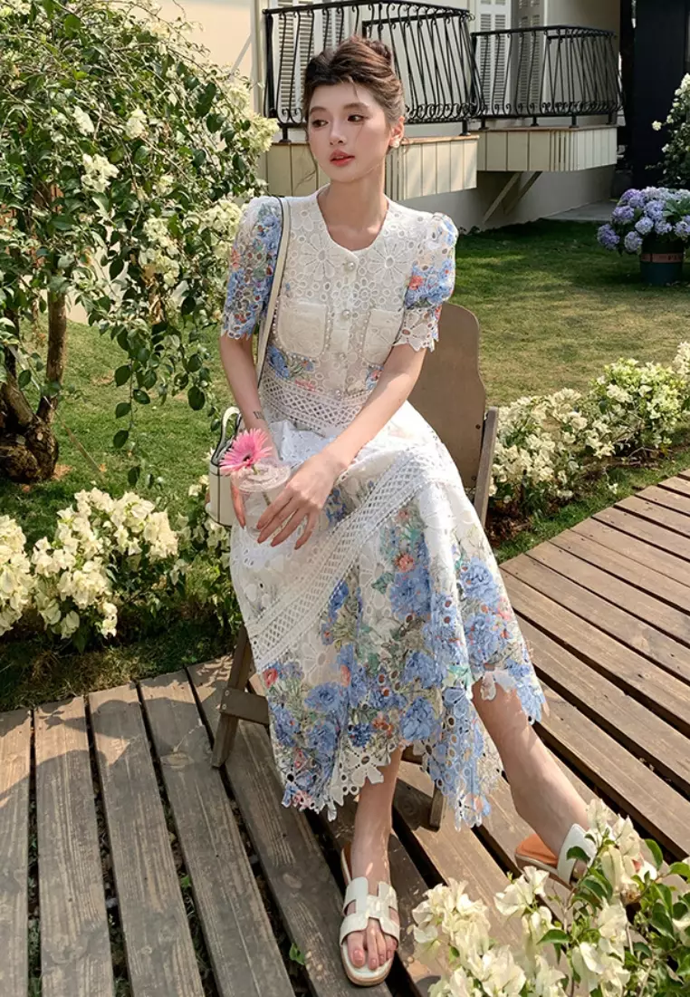 優雅蕾絲刺繡上衣修身裙子套裝CA26033021BL