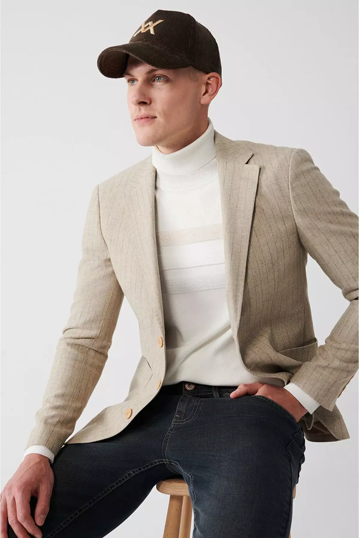 Men's Beige Mono Collar Lined Pouch Pocket Woolen Jacket A32Y4041