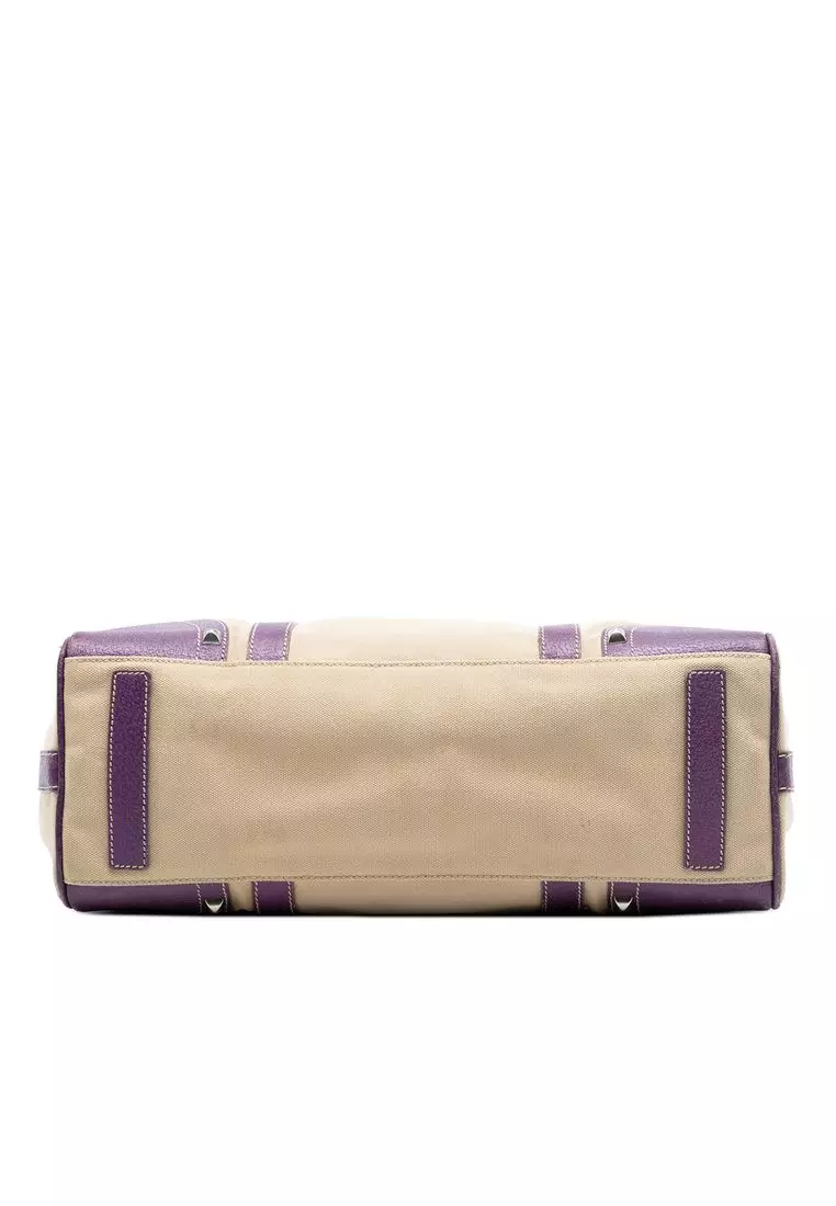 Pre-Loved Prada Studded Leather Trimmed Canvas Front Pocket Tote
