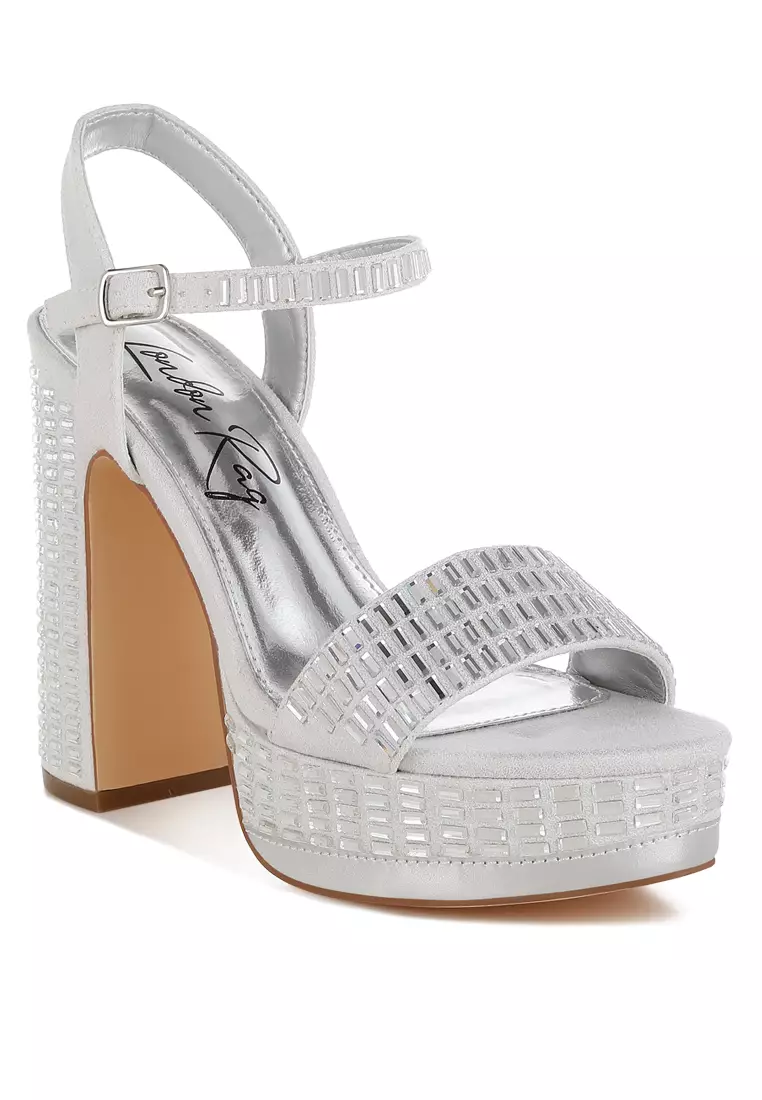 Rhinestones Embellished High Block Heels in Silver