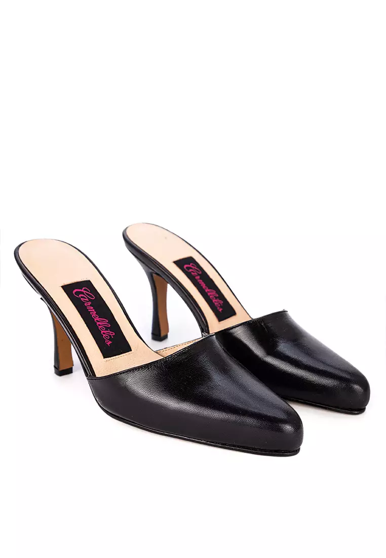 Pointed Toe Leather Mule Heels