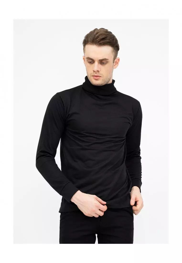 Turtle Neck pria lengan panjang hitam kaos kerah tinggi slim fit houseofcuff