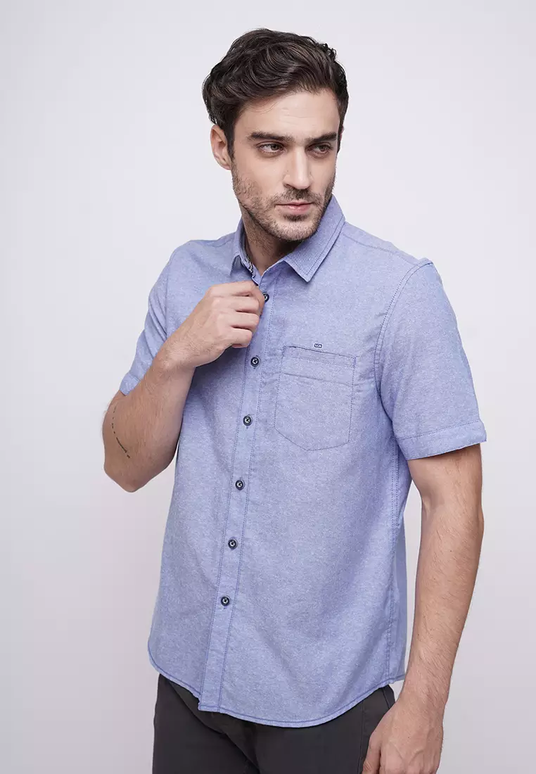 LGS - Slim Fit - Kemeja Casual Pria - Lengan Pendek - Biru - Motif Polos - JSH.391.S1079F.877.C