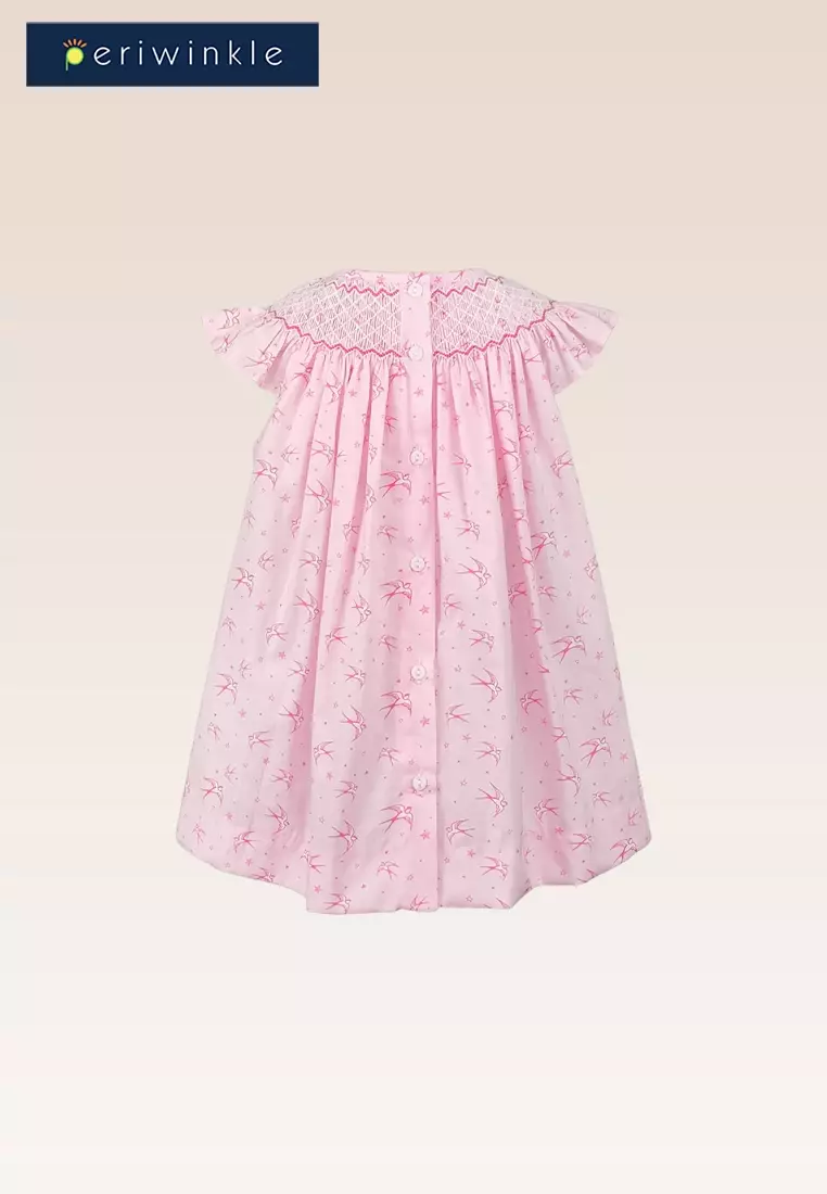 Holly Baby Girls Light Pink Printed Raglan Smocked Dress With Diaper Cover