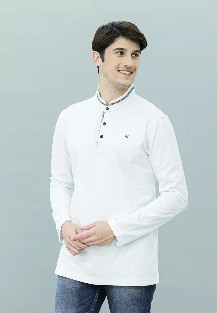 Johnwin - Kaos Henley - Kaos Lengan Panjang - Kerah Shanghai - Katun Premium