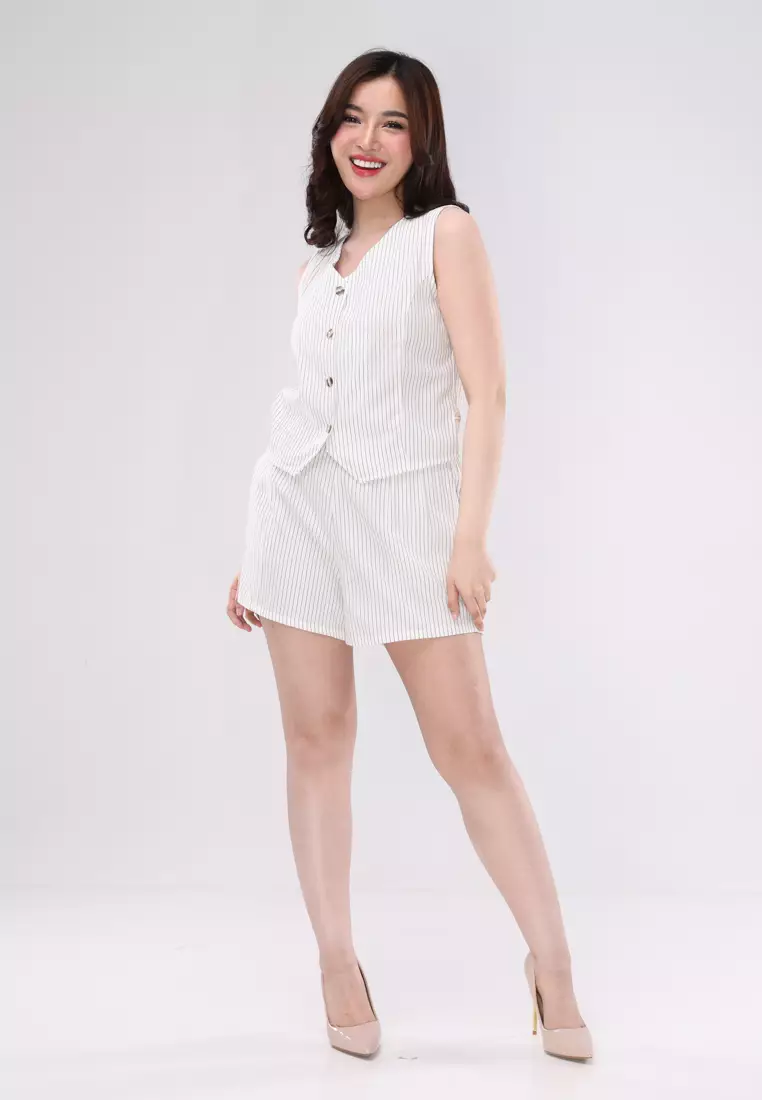 Stripes Cotton Sleeveless Blouse/Shorts Terno