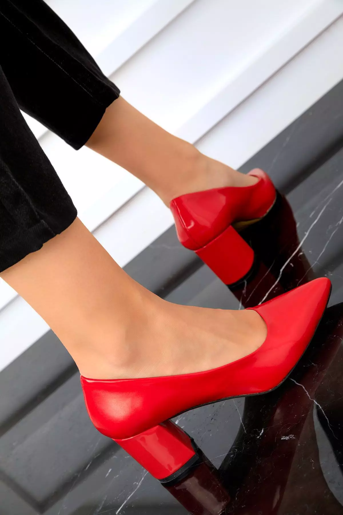 Patent Leather Red Women's Classic Heeled Shoes - 18511