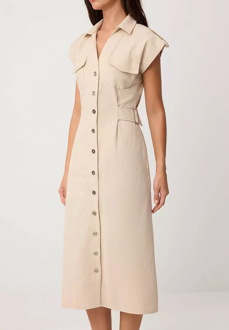 Stone Accessory Detail Midi Woven Shirt Dress Twoss26El125