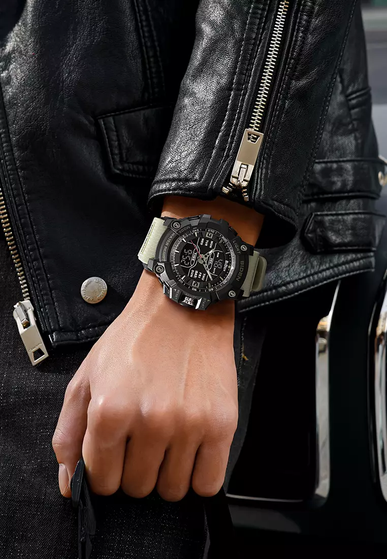 BIDEN Jam Tangan Pria Militer Tali Silikon Analog&Digital Display Jam Tangan Cowok KhakiBlack