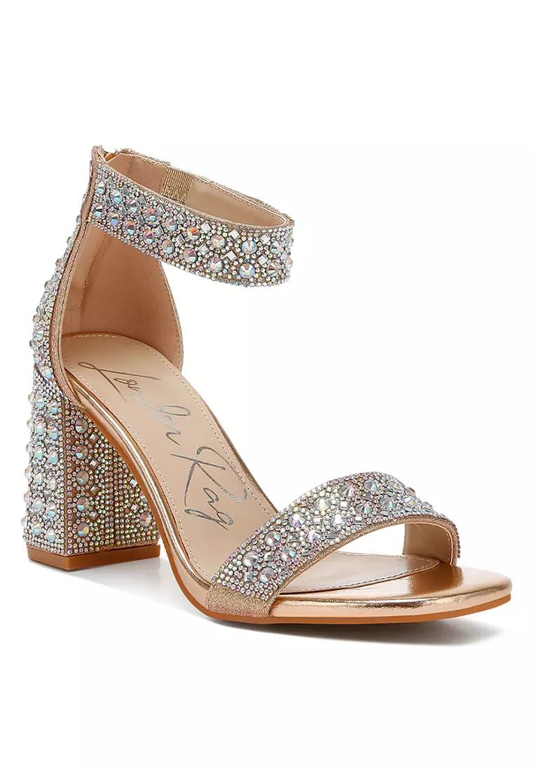Rhinestones And Sequins Block Sandals in Rose Gold