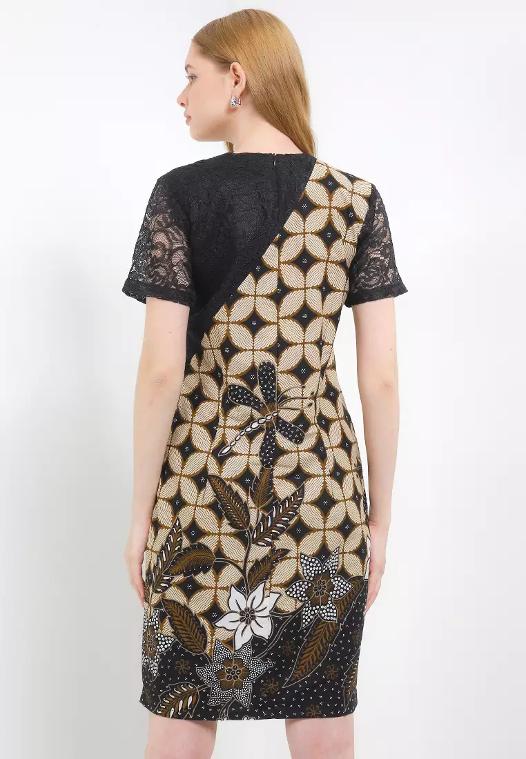 Dress Batik Wanita Furing Lining Kaviola Brukat Black Lengan Pendek