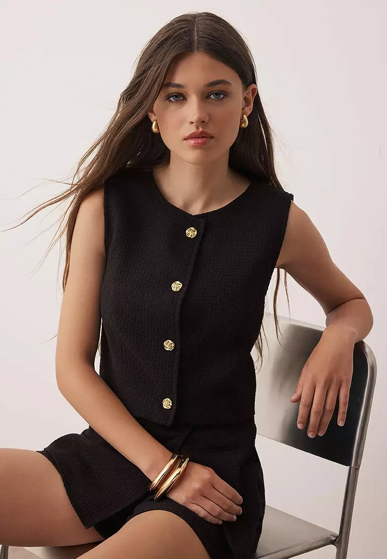 Black Accessory Buttoned Woven Tweed Vest Twoaw26Ye00019