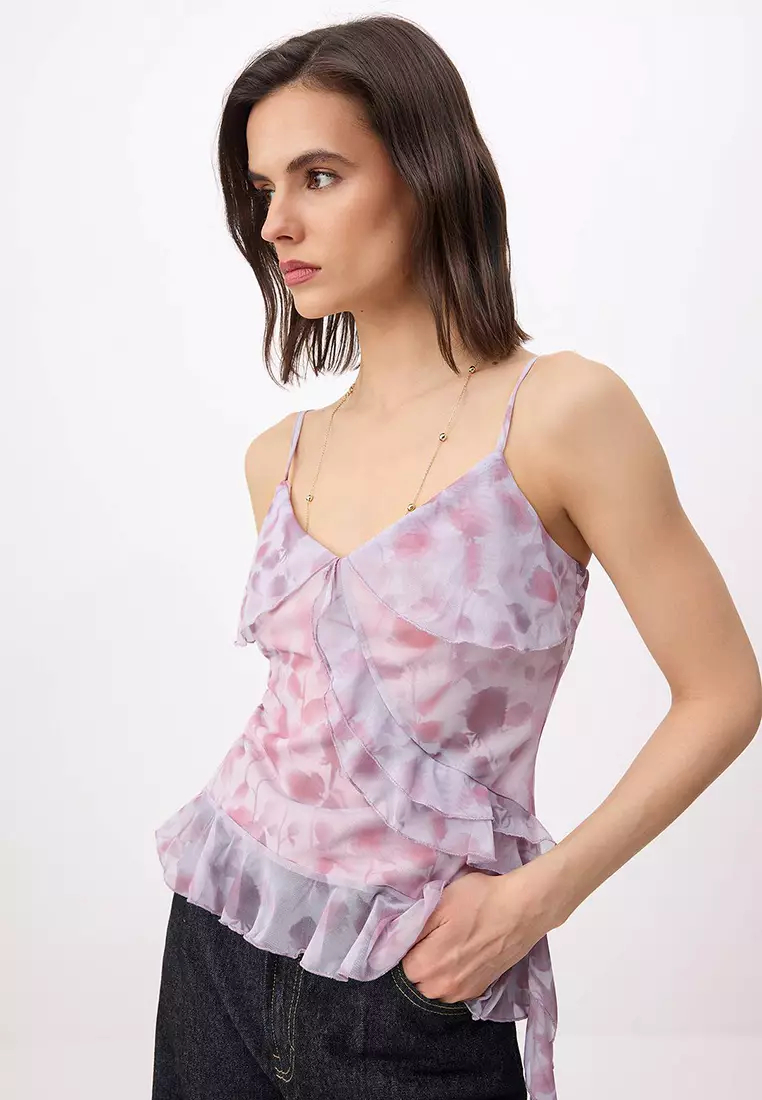 Trendyol Multi-Colored Floral Fitted/V-Front Sleeveless Ruffle 