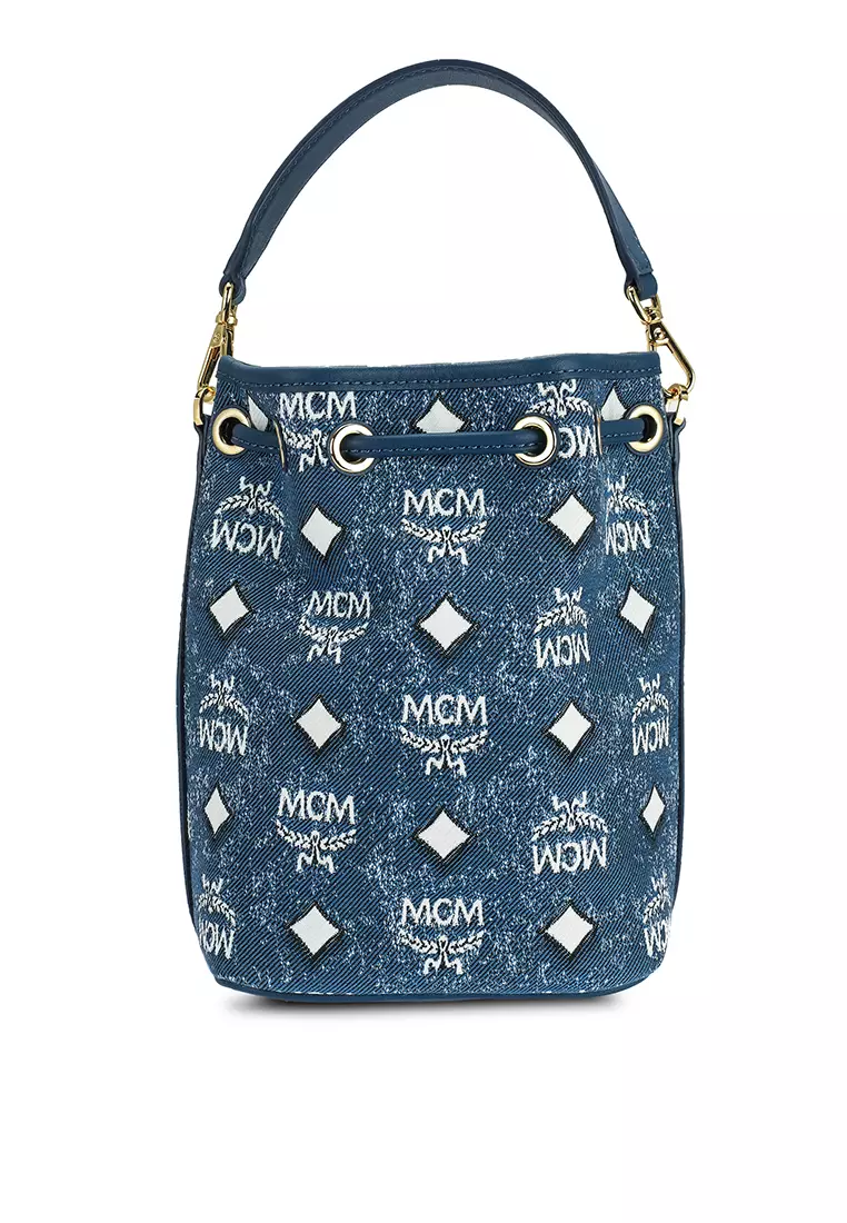 Mcm Mini Dessau Monogram Bucket Bag - Blue