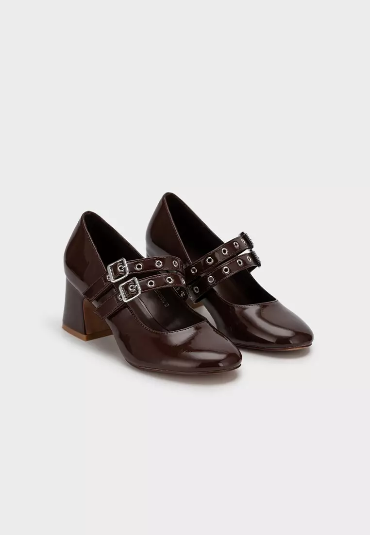 PATENT DOUBLE BUCKLE MARY JANE BLOCK HEEL PUMPS 饰扣圆頭粗跟鞋