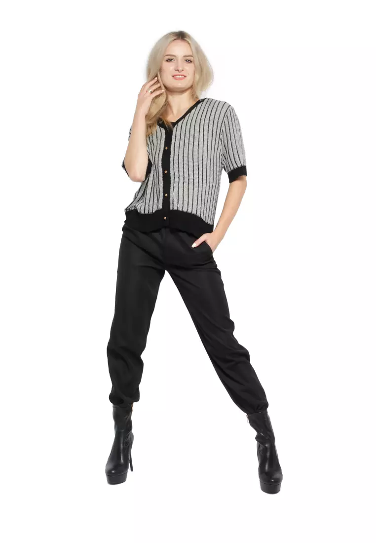 Black V Neck Cable Knitted Top