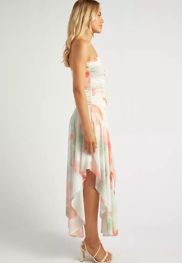 Ruched Bodice Handkerchief Hem Dress