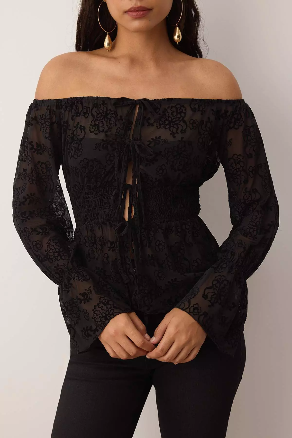 Black Floral Unlined Carmen Collar Tied Tulle Party Blouse Tpraw26Bz00014