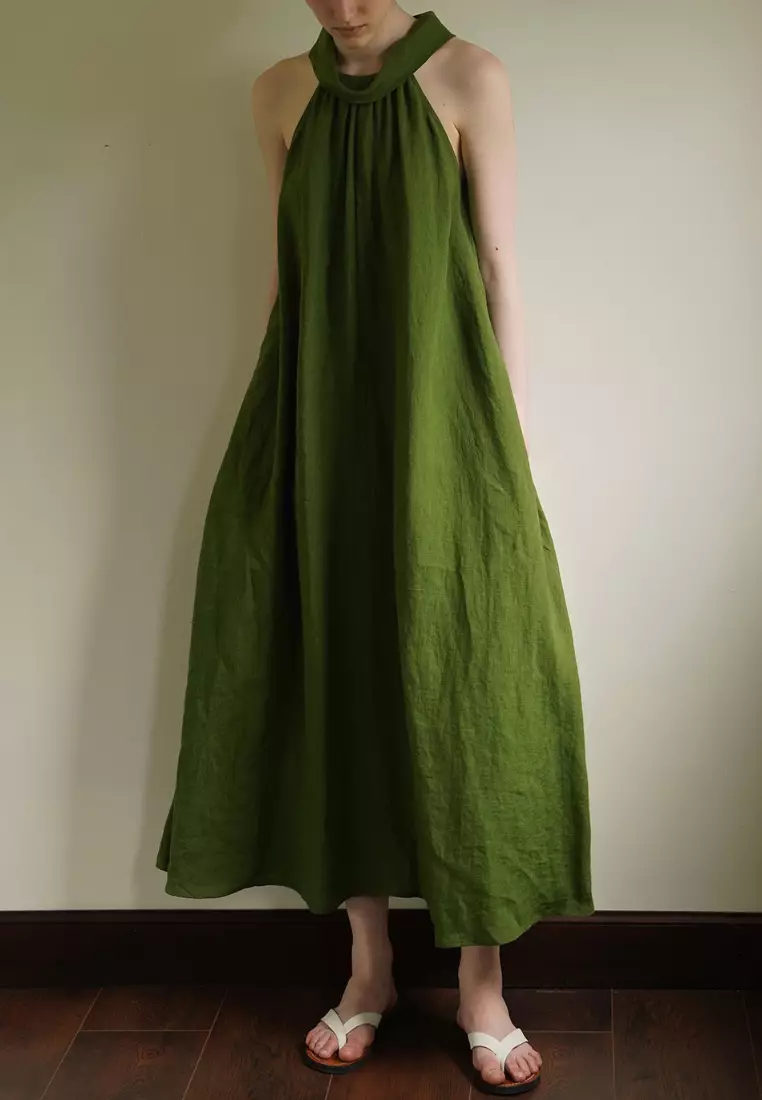 2025氣質新款亞麻掛脖綠色連身裙K052105