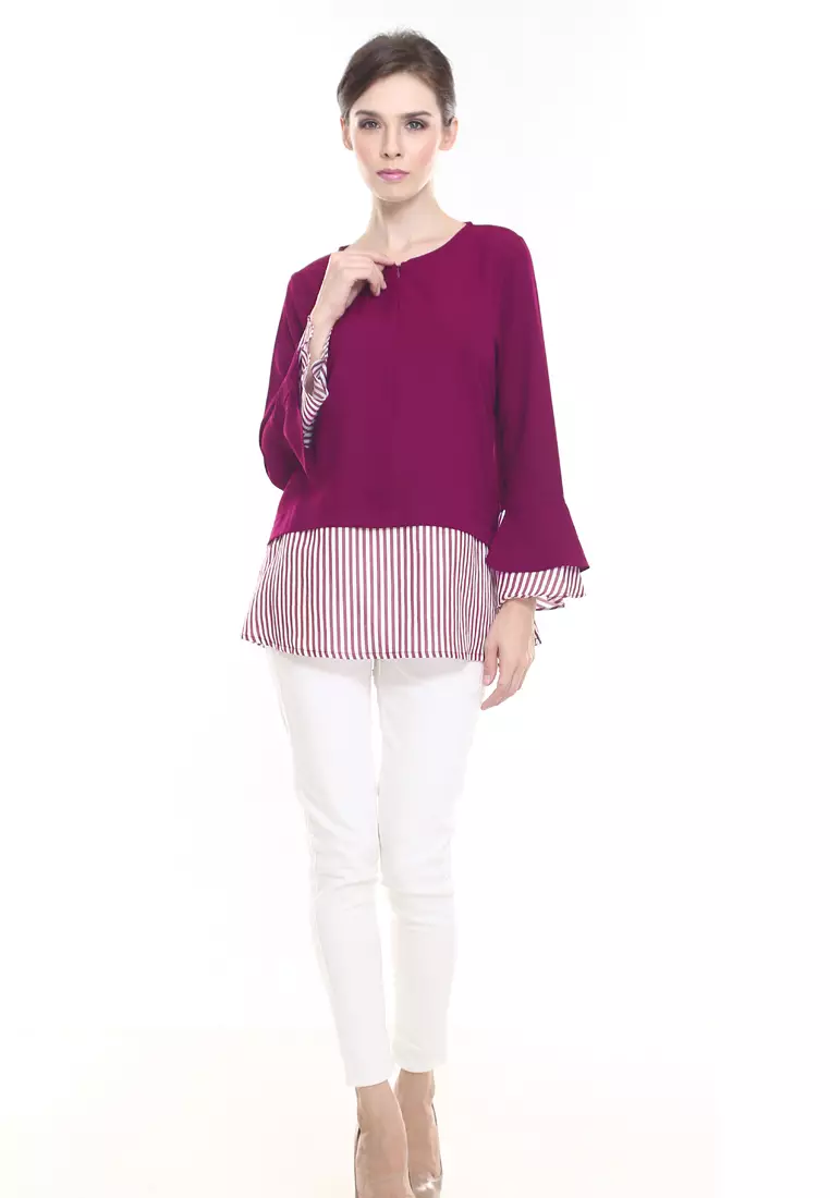 Zalia Top Plain Stripe Cotton Top in Purple Maroon