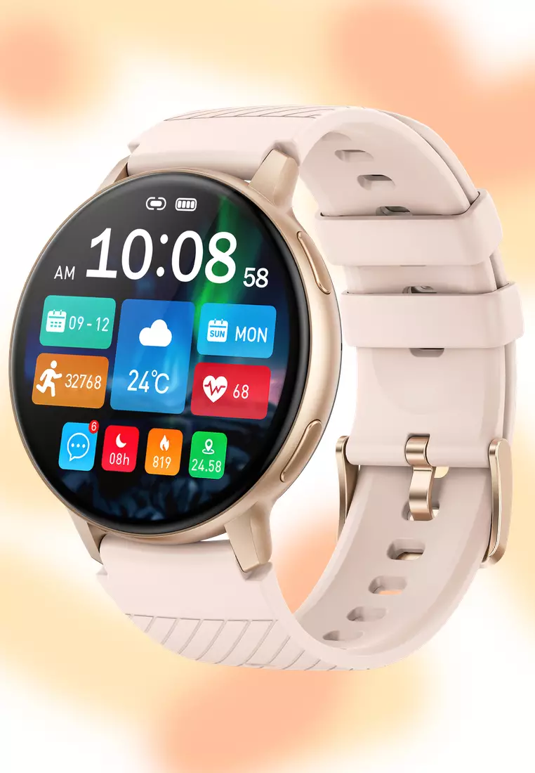 Unisex Round Smart Watch - 1.39 inch Large HD Screen - Rubber Strap - Rose Gold Color