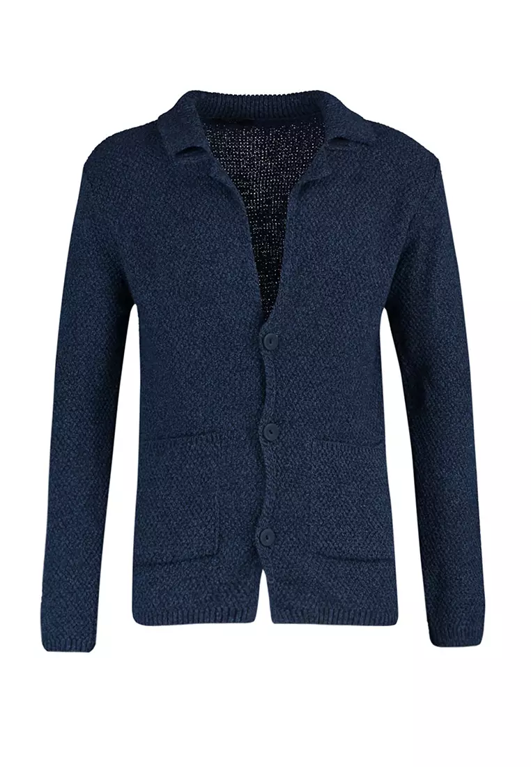 Slim Fit Jacket Collar Textured Pocket Knitwear Cardigan