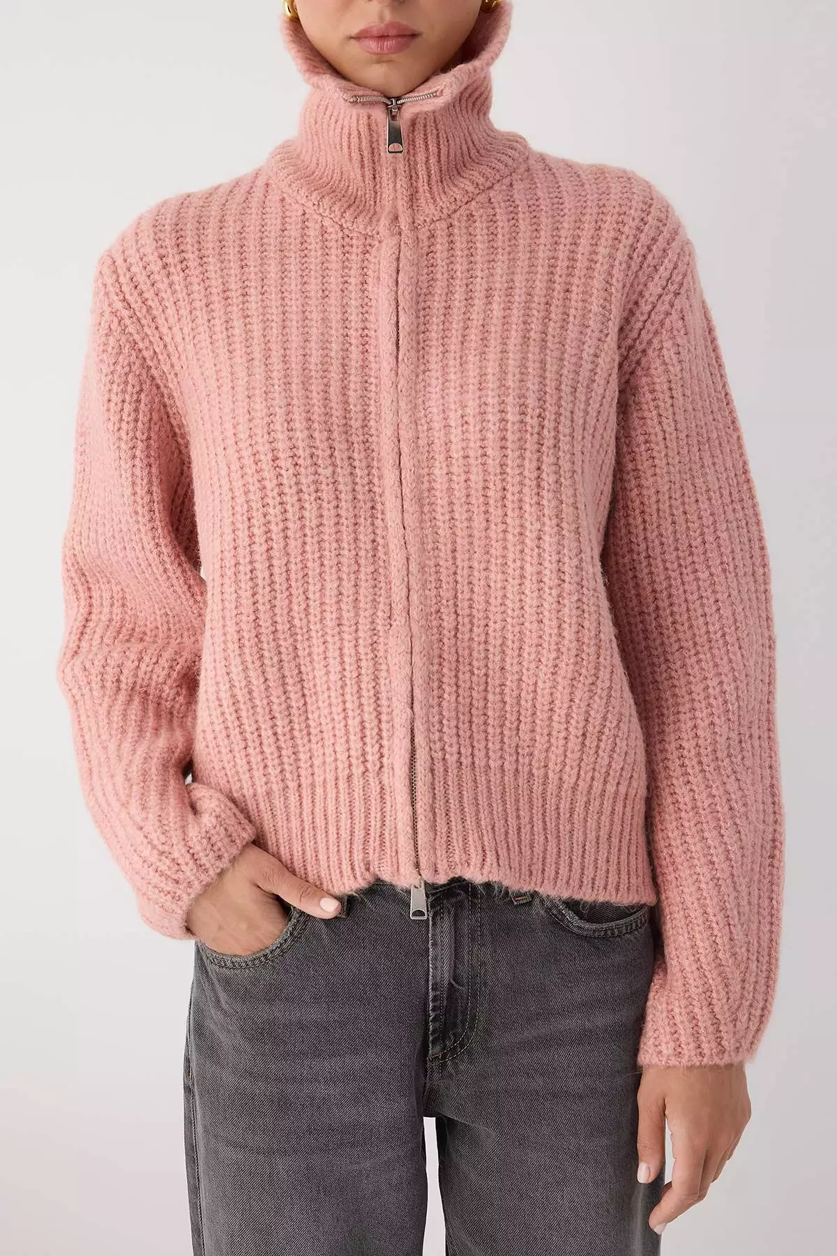 Light Pink Zipper Detailed Soft Textured Wide Fit Turn Down Collar Knitwear Cardigan