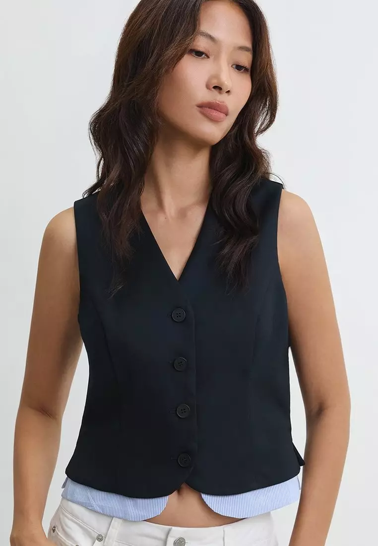 Tailored Button Front Vest - Navy
