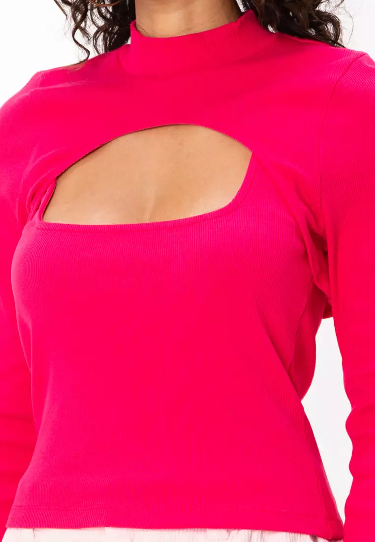 2-In-1 Long Sleeves Cut Out Rib Top
