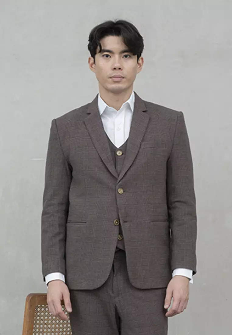 Houseofcuff Jas Celana Vest Rompi Blazer Coklat Slim Fit Motif Kotak