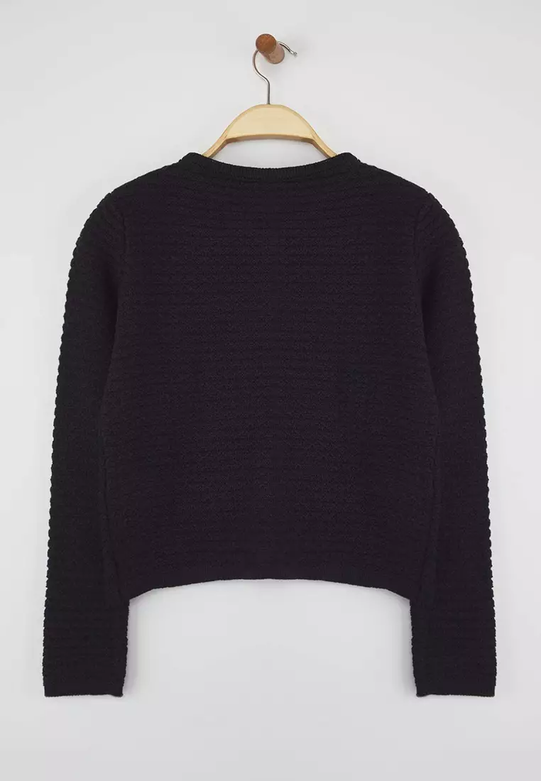 Navy Blue Textured Cotton Look Knitwear Cardigan Twoaw26Hi00186