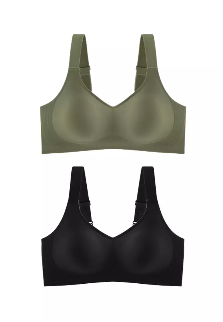 2 Pack Premium Melinda Seamless Wireless Padded Support Bra in Green and Black