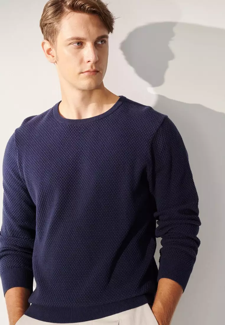 Buy SST&C Deep Sapphire Blue Pure Cotton Crew Neck Sweater 2026
