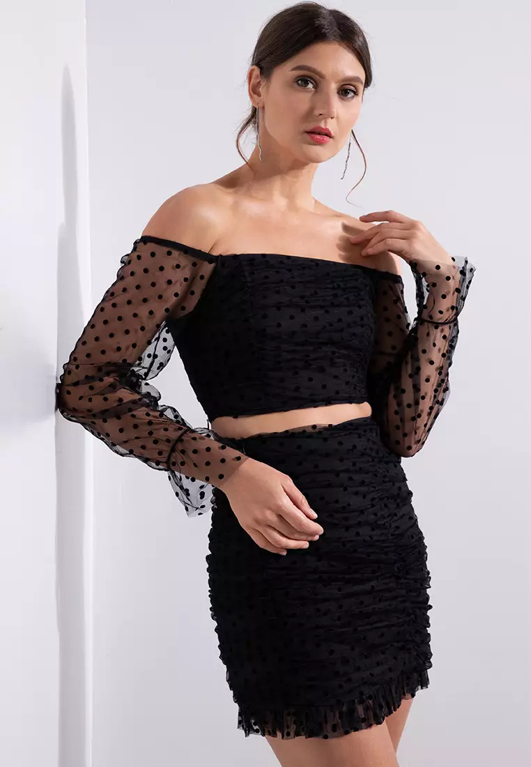 Black mesh off the shoulder top on sale